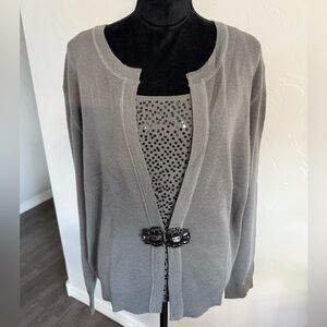 Colleen Lopez Gray Cardigan Set with Sequin Tank and Embellished Front. Size L